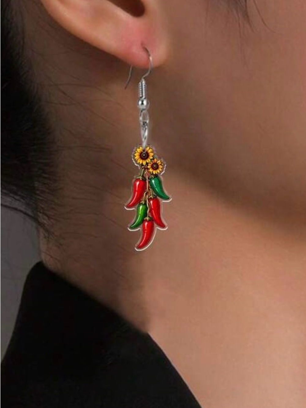 Red & Green Chili Pepper Sunflower Dangle Earrings - Women Jewelry - Picture 2 of 4